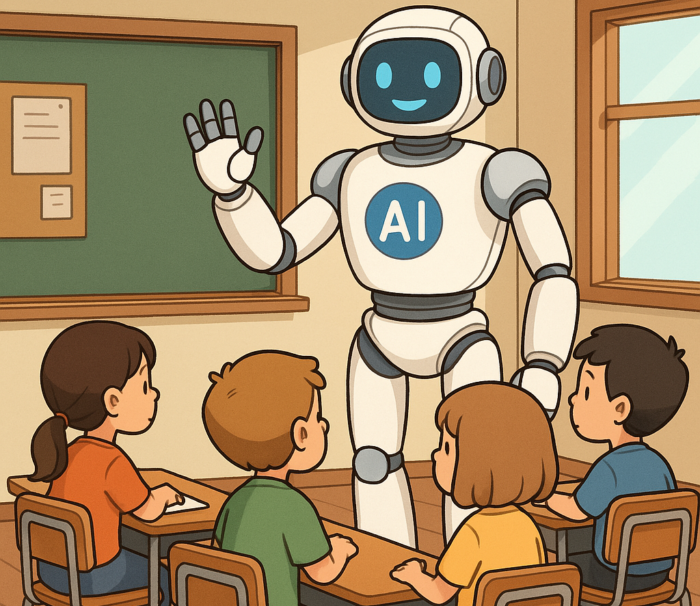 学校でAIロボットと会話をする子供