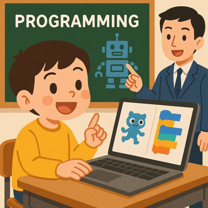 学校の授業でプログラミングをする先生と生徒