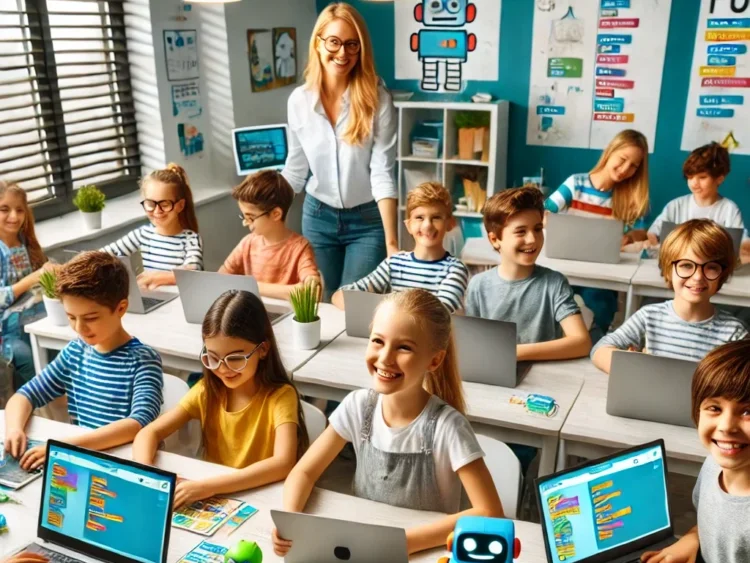 教室でプログラミングを学ぶ子供と先生
