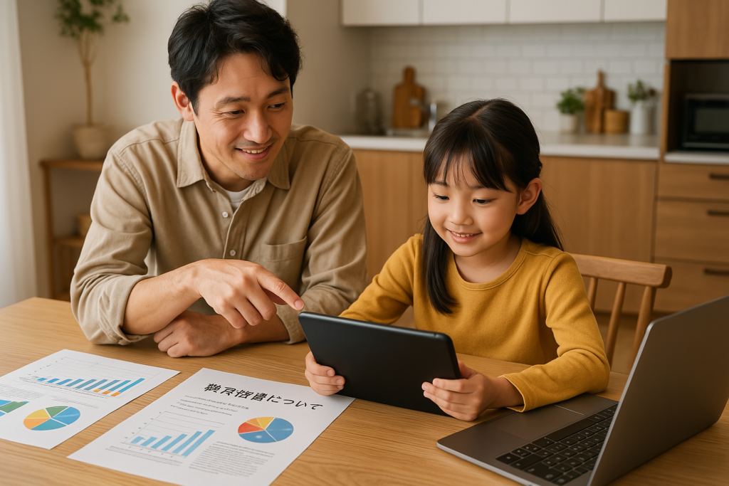 タブレットで学習する親子