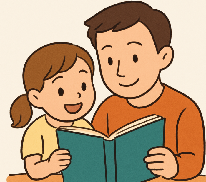 一緒に仲良く本を読む親子
