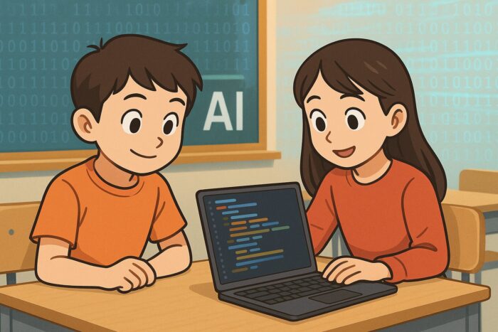 PCでAIを学んでいる中学生の男女