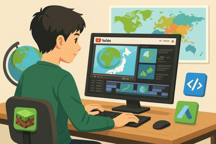 PCでYOUTUBEを編集する少年